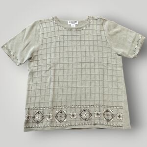 Alfred Dunner Women's PS Sage Green Short Sleeve Embroidered Pullover Sweater